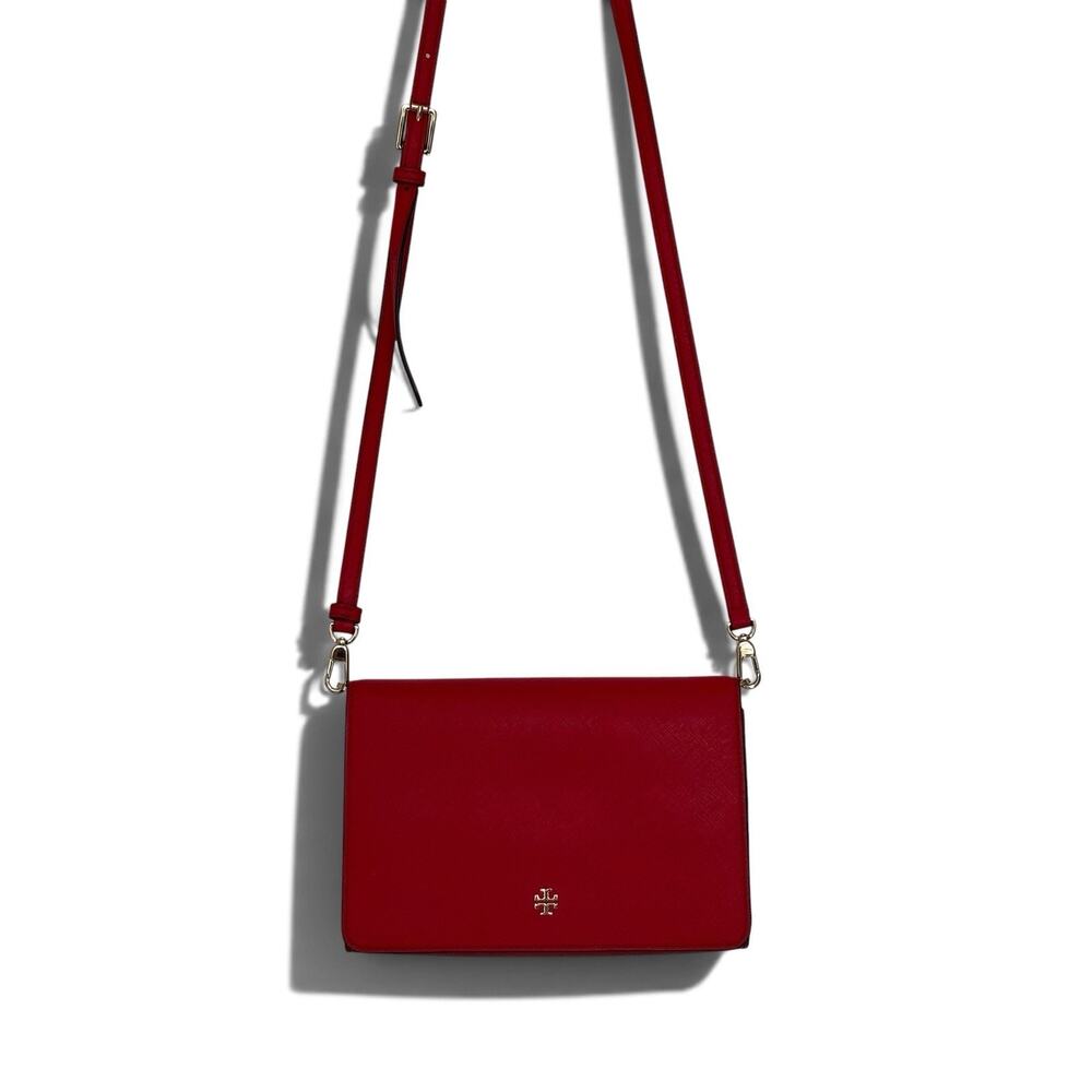 TORY BURCH Leather Crossbody Bag with Gold Hardware - Poppy Red Color